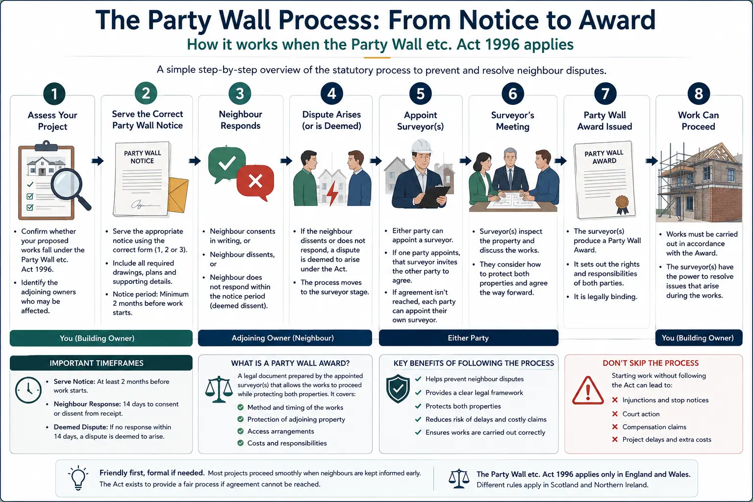 Do I Need a Party Wall Agreement? An infographic showing the party wall process from notice to award in a very interactive way for the citizens living in Romford, UK