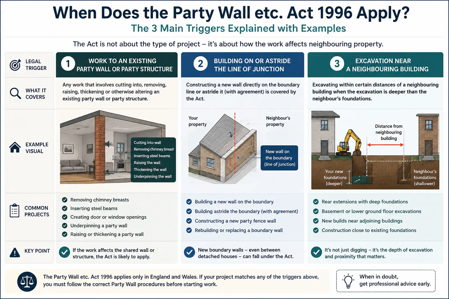 Do I Need a Party Wall Agreement? An infographic showing when does the party wall etc act 1996 apply like excavation, junction, painting, in Romford, UK